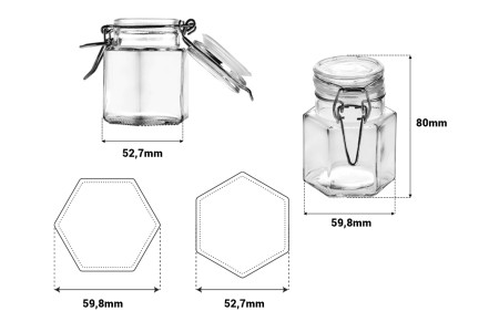 Staklena šestougaona teglica 100mL sa staklenim poklopcem hermetičkim zatvaranjem (žicom i gumicom na poklopcu)-dimenzije_slike