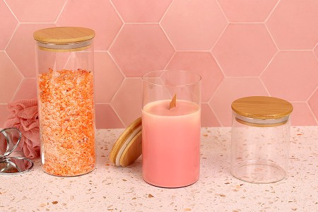 Staklena okrugla tegla 450mL, sa drvenim poklopcem i gumicom-5