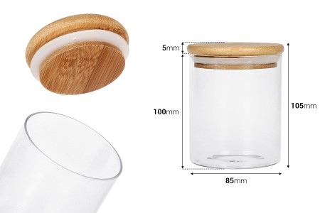 Staklena okrugla tegla 450mL, sa drvenim poklopcem i gumicom-2