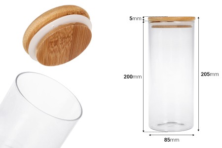 Staklena okrugla teglica 1000mL, sa drvenim poklopcem i gumicom-dimenzije_slike