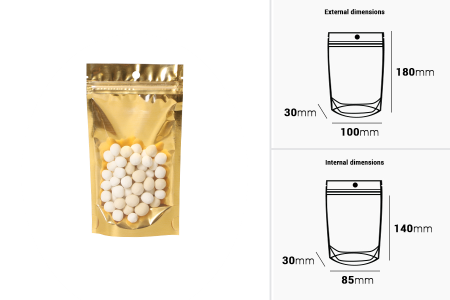 Aluminijumske DoyPack kesice 100x30x180mm sa zip zatvaranjem, zlatnom zadnjom i transparentnom prednjom stranom, ovalnim dnom i sa mogućnošću termo lepljenja – 100kom-dimenzije_slike