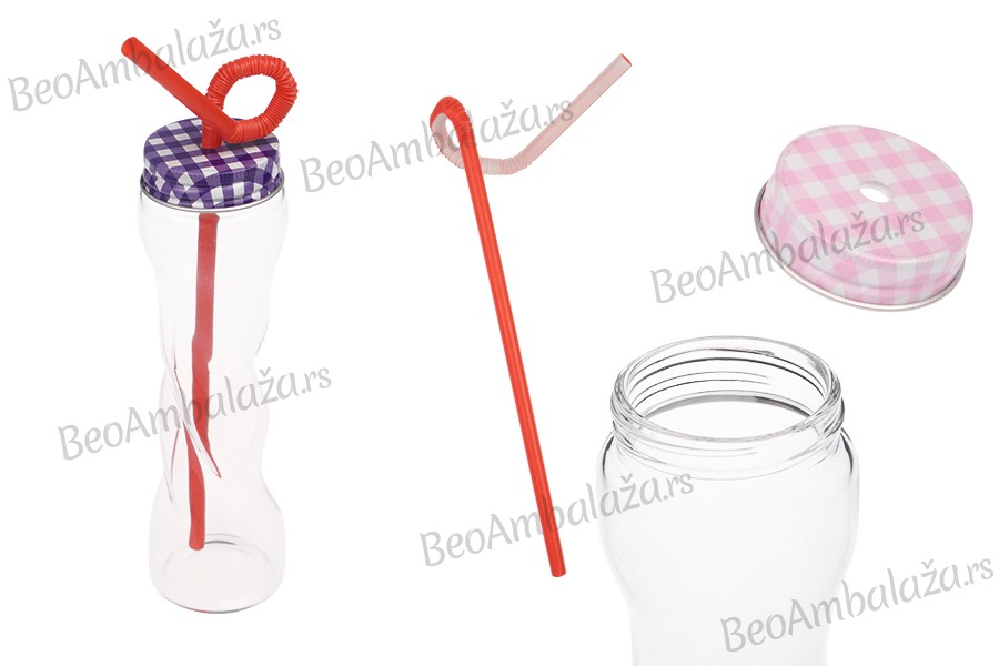 Staklena flašica 100mL sa zatvaračem i slamčicom, više boja