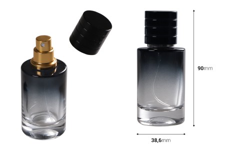 Staklena bočica 30mL sa zlatnim ili srebrnim sprejom i crnim zatvaračem (PP 15)-dimenzije_slike