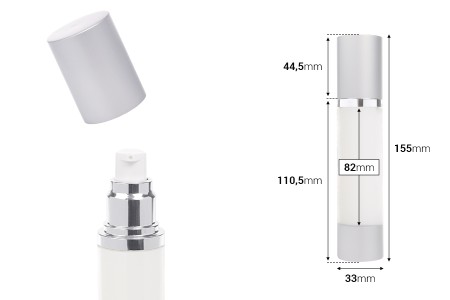 Airless plastična bočica 50mL za kreme sa aluminijumskom osnovom i zatvaračem u srebrnoj boji-dimenzije_slike