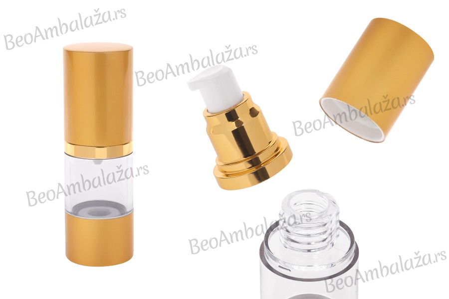 Airless plastična flašica 15mL za kreme sa aluminijumskom osnovom i aluminijumskim zatvaračem u MAT zlatnoj boji Airless plastična flašica 15mL za kreme sa aluminijumskom osnovom i aluminijumskim zatvaračem u MAT zlatnoj boji