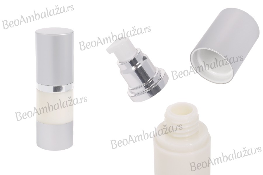 Airless plastična flašica 15mL za kreme sa aluminijumskom osnovom i zatvaračem u srebrnoj boji Airless plastična flašica 15mL za kreme sa aluminijumskom osnovom i zatvaračem u srebrnoj boji