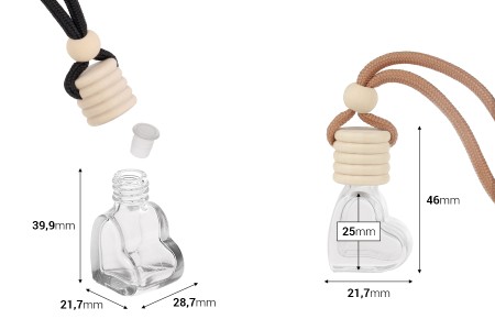 Bočica za osveživač automobila 4mL, srce sa plastičnim čepom, drvenim zatvaračem i zakačkom - 25 kom-dimenzije_slike
