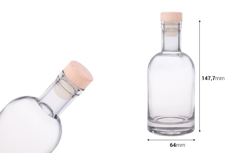 Staklena okrugla flašica od 200mL sa silikonskim čepom sa drvenom glavom-dimenzije_slike