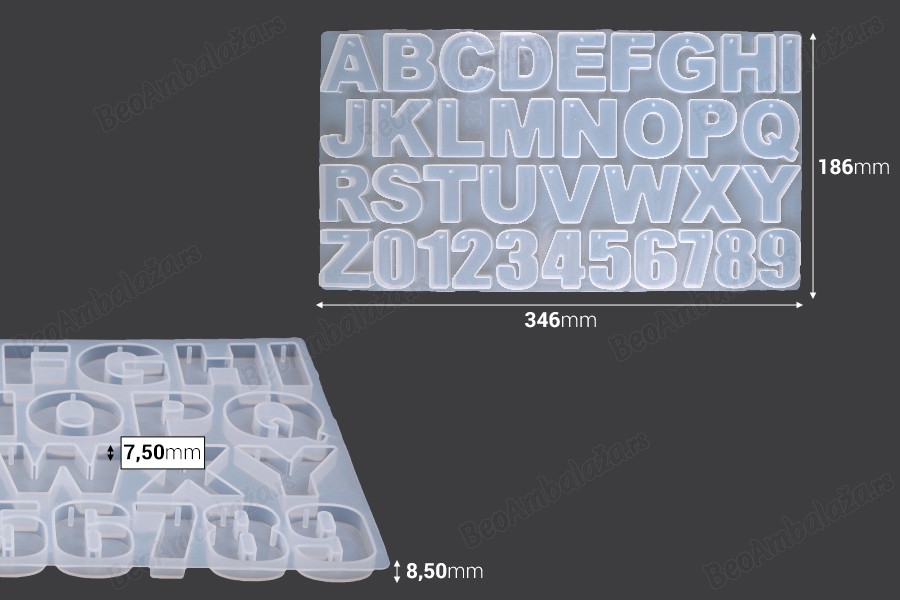 Silikonski kalup Engleska abeceda i brojevi 346x186x8,5mm-dimenzije_slike