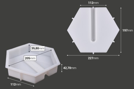 Silikonski kalup u obliku šestougla sa utisnutim prostorom za cevčicu-dimenzije_slike