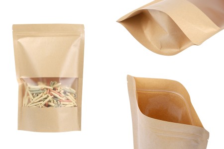 Kraft DoyPack kesice 200x50x295 mm sa zip zatvaranjem i prozorom, unutrašnjom i spoljašnjom providnom oblogom i sa mogućnošću termo zatvaranja - 100 kom-slika_proizvoda
