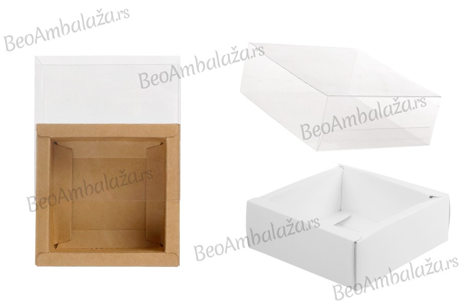 Kartonska kutija (300gsm) za pakovanje 85x85x30 mm na izvlačenje sa providnim spoljašnjim delom, bele ili kraft boje - 12 kom
