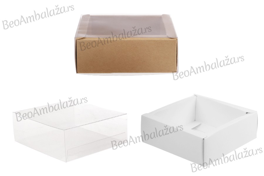 Kartonska kutija (300gsm) za pakovanje 85x85x30 mm na izvlačenje sa providnim spoljašnjim delom, bele ili kraft boje - 12 kom