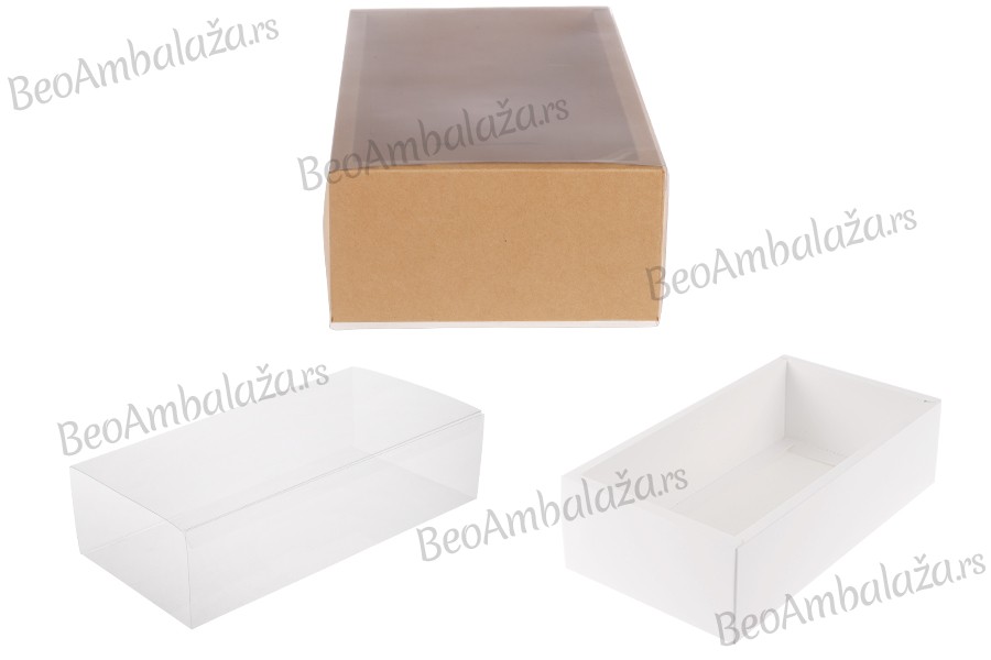 Kartonska kutija (300gsm) za pakovanje 220x120x60 mm na izvlačenje sa providnim spoljašnjim delom, bele ili kraft boje - 12 kom
