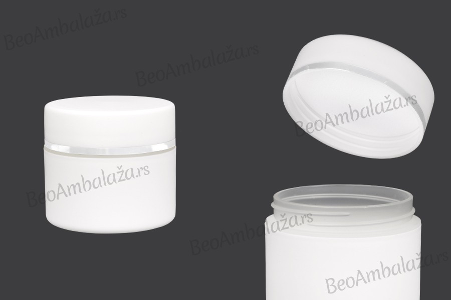 Plastična bela MAT kutijica 50mL, sa zatvaračem sa zaptivkom i širokom srebrnom linijom - 12 kom