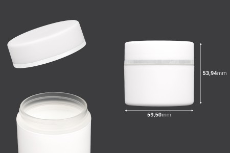 Plastična bela MAT kutijica 50mL, sa zatvaračem sa zaptivkom i širokom srebrnom linijom - 12 kom-dimenzije_slike