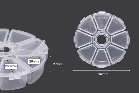 Plastična okrugla kutijica sa 8 mesta, za šljokice i kozmetičku upotrebu-dimenzije_slike