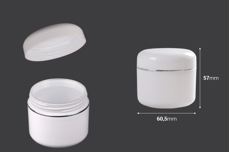 Plastična bela kutijica sa srebrnom linijom 50mL sa duplim dnom, međupoklopcem i zatvaračem - 12 kom-dimenzije_slike