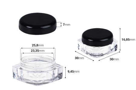 Akrilna četvrtasta kutijica 5mL za kreme sa crnim zatvaračem - 12 kom-dimenzije_slike