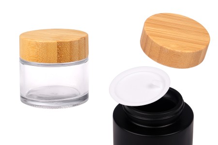 Staklena teglica 50 mL sa zatvaračem od bambusa i plastičnim međupoklopcem, u providnoj ili crnoj boji-slika_proizvoda