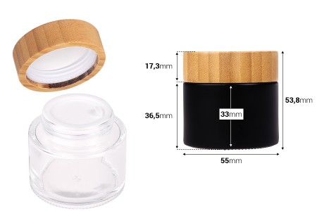 Staklena teglica 50 mL sa zatvaračem od bambusa i plastičnim međupoklopcem, u providnoj ili crnoj boji-dimenzije_slike