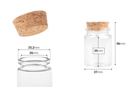 Staklena flašica sa plutanim čepom za poklončiće 40mL, 37x56 mm - 12 kom-dimenzije_slike