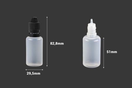 Plastična poluprovidna flašica 30mL sa crnim plastičnim zatvaračem CRC i plastičnom kapalicom, za elektronske cigarete - 50 kom-dimenzije_slike