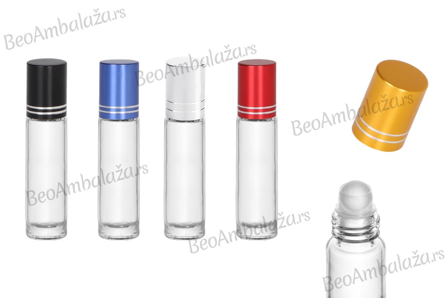 Staklena providna roll-on bočica 10mL sa staklenom kuglicom i zatvaračem u raznim bojama - 12 kom
