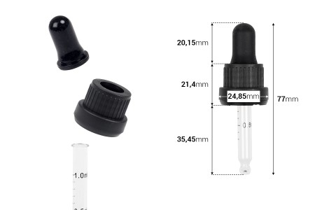 Pipeta od 10mL sa crnim i širokim sigurnosnim zatvaračem, oznakama za zapreminu i MAT ili sjajnom crnom gumicom - pojedinačno pakovanje-dimenzije_slike