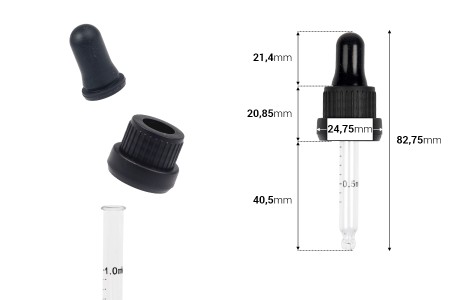 Pipeta od 15mL sa crnim i širokim sigurnosnim zatvaračem, oznakama za zapreminu i MAT ili sjajnom crnom gumicom - pojedinačno pakovanje-dimenzije_slike