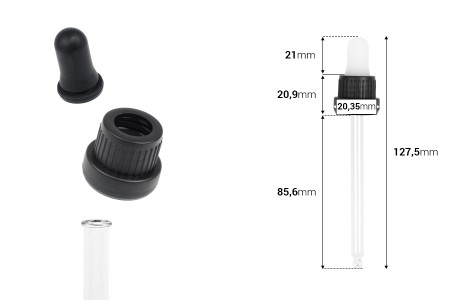Pipeta od 100mL sa crnim širokim sigurnosnim zatvaračem, bez oznaka za zapreminu i crnom MAT ili provvidnom gumicom - pojedinačno pakovanje-dimenzije_slike