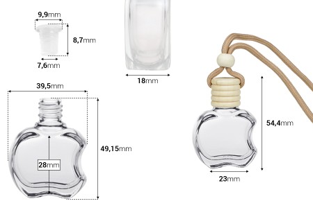 Bočica za osveživač automobila 10mL, jabuka sa plastičnim čepom, drvenim zatvaračem i zakačkom - 25 kom-dimenzije_slike