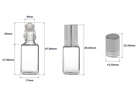 Staklena roll-on bočica 5mL sa staklenom kuglicom i zatvaračem u raznim bojama - 6 kom-dimenzije_slike