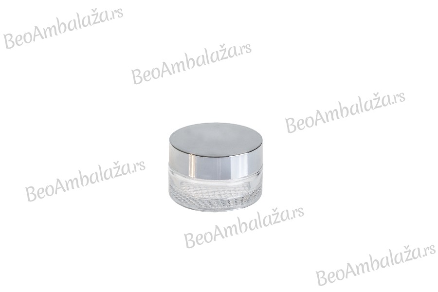 Staklena okrugla teglica za kreme 30mL sa srebrnim aluminijumskim zatvaračem sa zaptivkom i plastičnim međupoklopcem