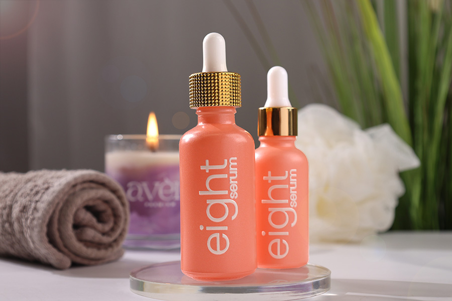 Staklena MAT roze bočica za etarska ulja 30mL, sa grlom PP18-grupa_slika