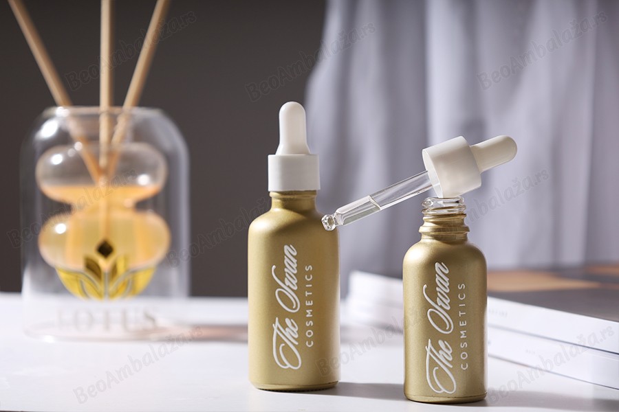 Staklena MAT zlatna bočica za etarska ulja 100mL, sa grlom PP18-grupa_slika