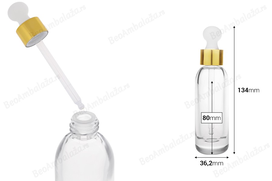 Staklena bočica 50mL sa zlatnom pipetom-dimenzije_slike