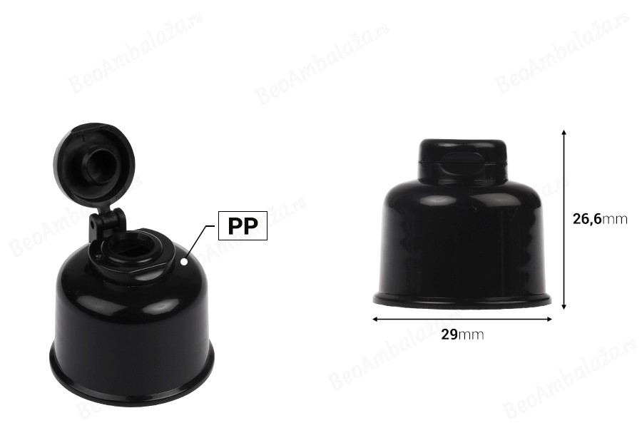Plastični flip top zatvarač PP24 u crnoj boji-dimenzije_slike