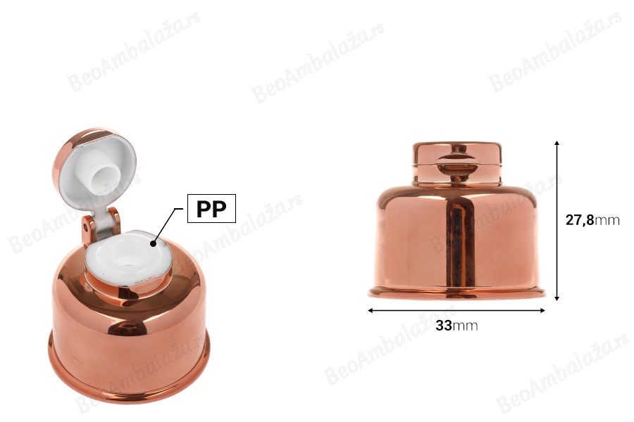 Plastični flip top zatvarač PP28 sa aluminijumskom presvlakom u bronzanoj boji-dimenzije_slike