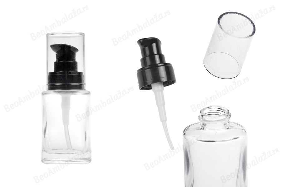 Staklena četvrtasta bočica 30mL za kreme sa crnom plastičnom pumpicom i providnim zatvaračem-slika_proizvoda