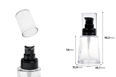 Staklena četvrtasta bočica 30mL za kreme sa crnom plastičnom pumpicom i providnim zatvaračem-dimenzije_slike