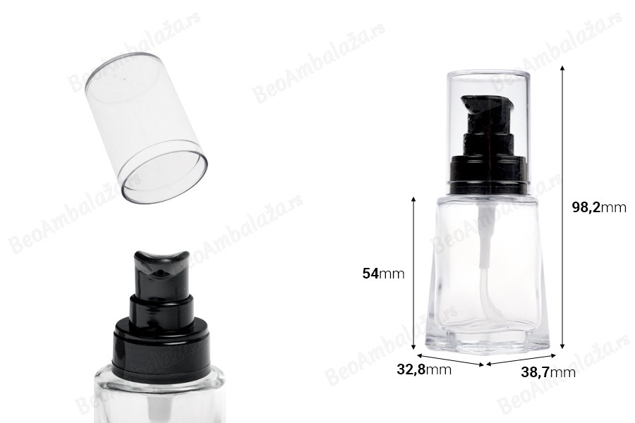Staklena četvrtasta bočica 30mL za kreme sa crnom plastičnom pumpicom i providnim zatvaračem-dimenzije_slike