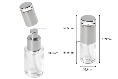 Staklena bočica 30mL sa srebrnom pumpicom i zatvaračem-dimenzije_slike
