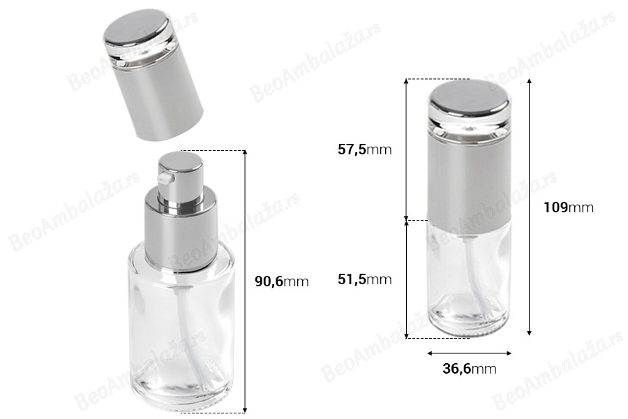 Staklena bočica 30mL sa srebrnom pumpicom i zatvaračem-dimenzije_slike