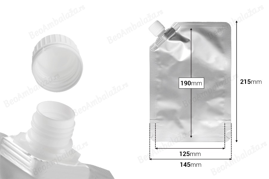 Aluminijumska DoyPack vrećica za tečnost od 500ml sa belim sigurnosnim zatvaračem sa strane – 50 kom-dimenzije_slike