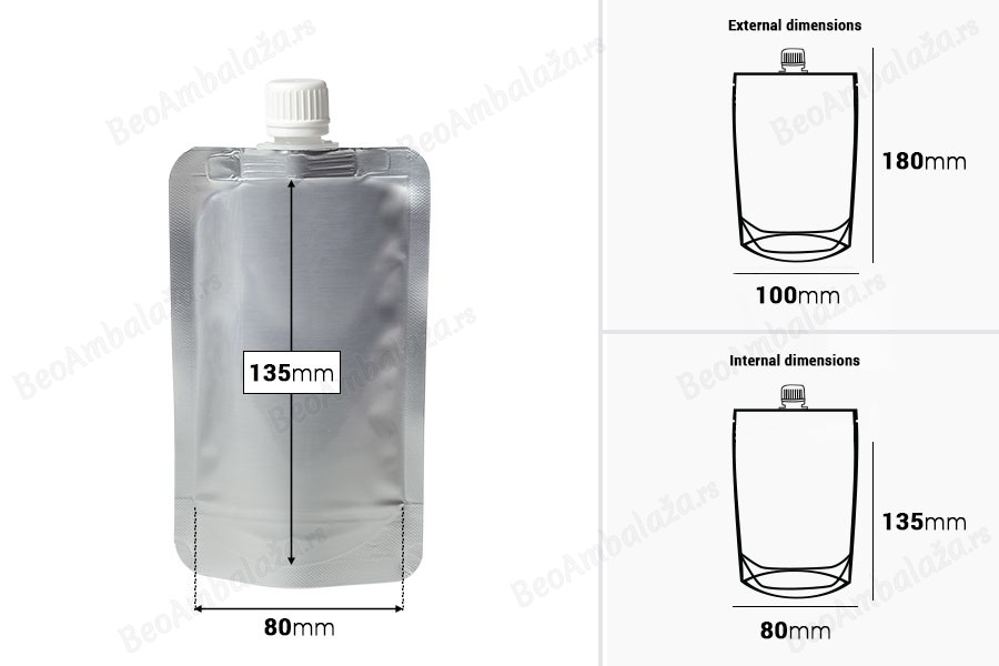 Aluminijumska DoyPack kesica za tečnost od 200ml sa belim plastičnim sigurnosnim zatvaračem – 50 kom-dimenzije_slike