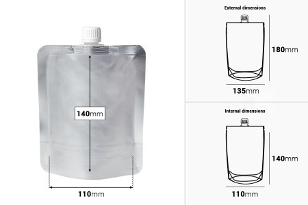 Aluminijumska DoyPack kesica za tečnost od 300ml sa belim plastičnim zatvaračem – 50 kom-dimenzije_slike
