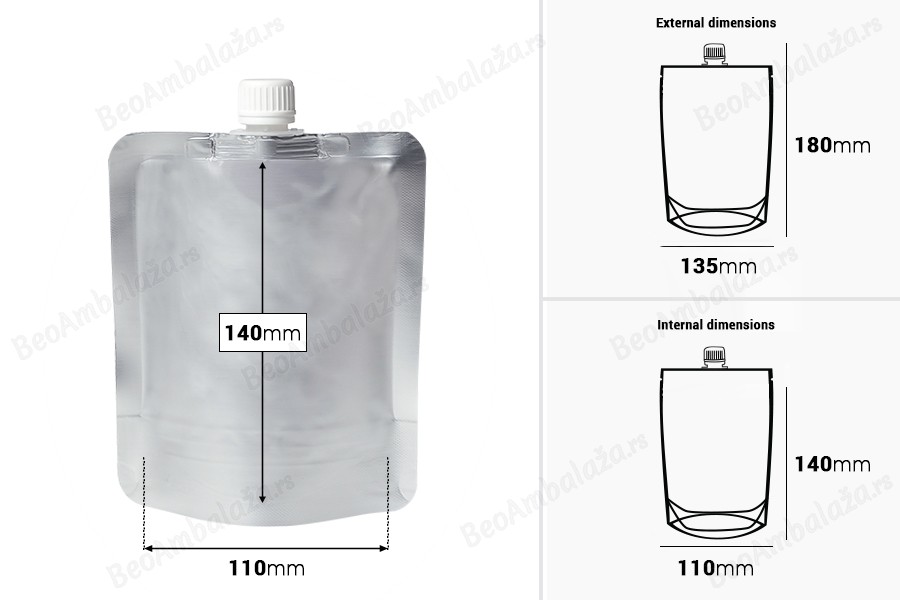Aluminijumska DoyPack kesica za tečnost od 300ml sa belim plastičnim zatvaračem – 50 kom-dimenzije_slike