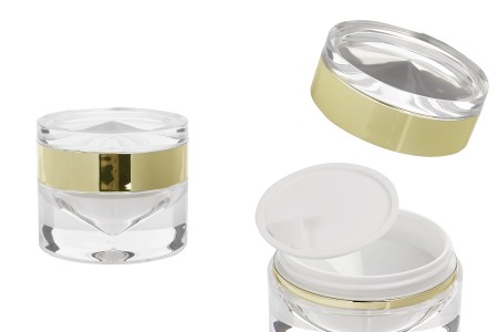 Luksuzna providno-zlatna akrilna teglica 30 mL sa duplim dnom za kremu, sa akrilnim zatvaračem i plastičnim međupoklopcem-slika_proizvoda