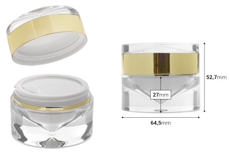 Luksuzna providno-zlatna akrilna teglica 30 mL sa duplim dnom za kremu, sa akrilnim zatvaračem i plastičnim međupoklopcem-dimenzije_slike
